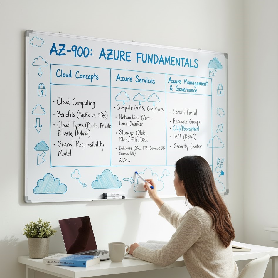 Student studying Azure Fundamentals exam domains whiteboard with cloud icons
