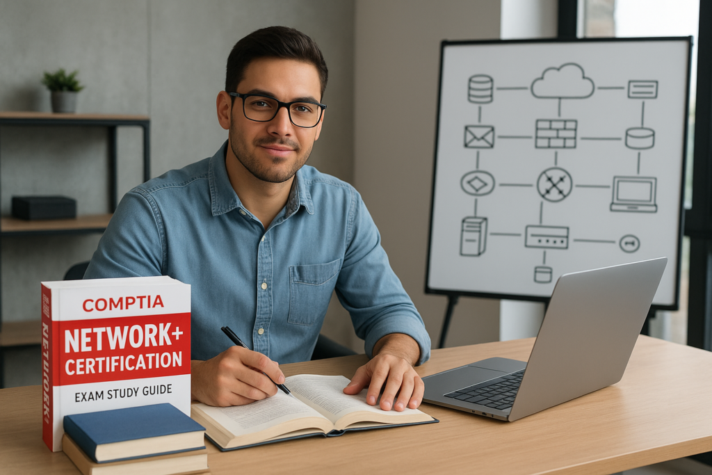 IT professional preparing for CompTIA Network+ Certification exam with study materials.