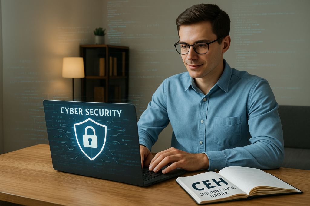 Certified Ethical Hacker (CEH) study guide 2026 exam preparation with digital cybersecurity elements.