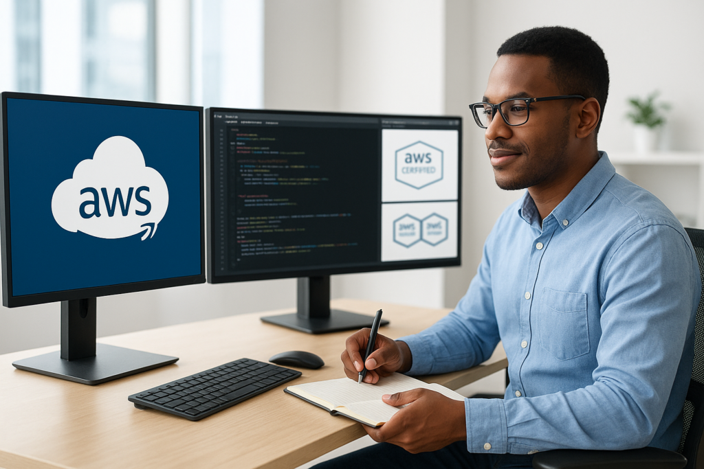 Professional studying for AWS Certified Developer – Associate exam in 2026 with cloud and AWS visuals.