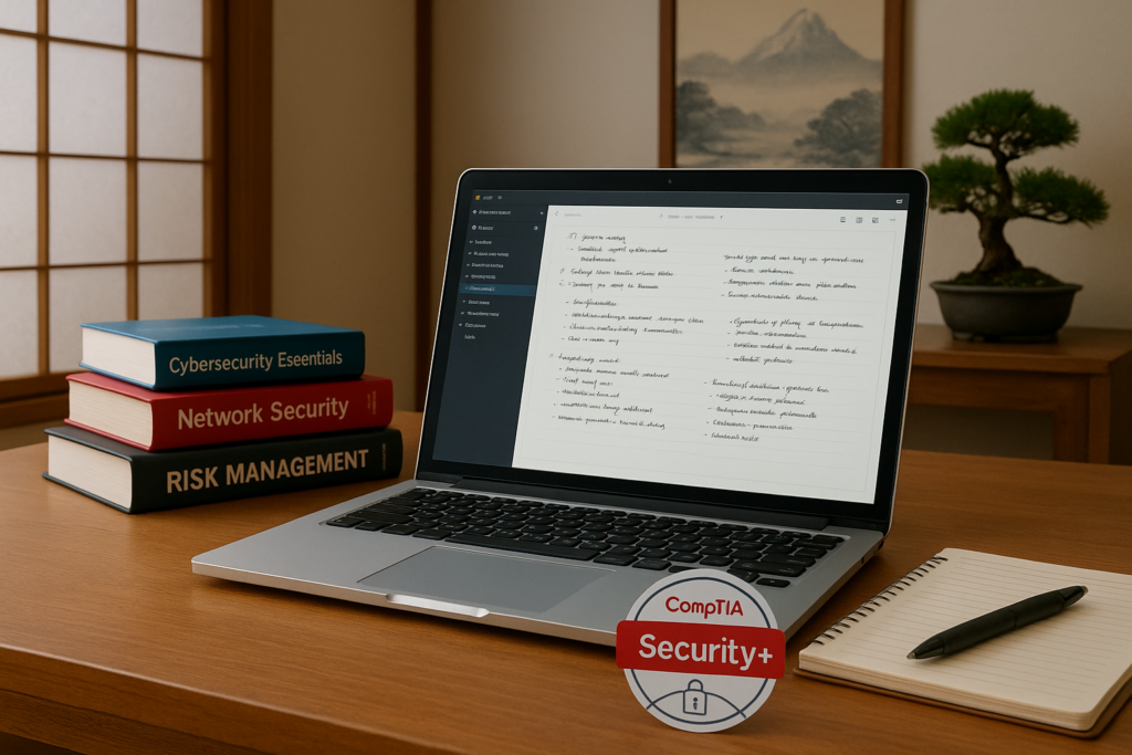 CompTIA Security+ Certification study materials and digital resources in a modern workspace.