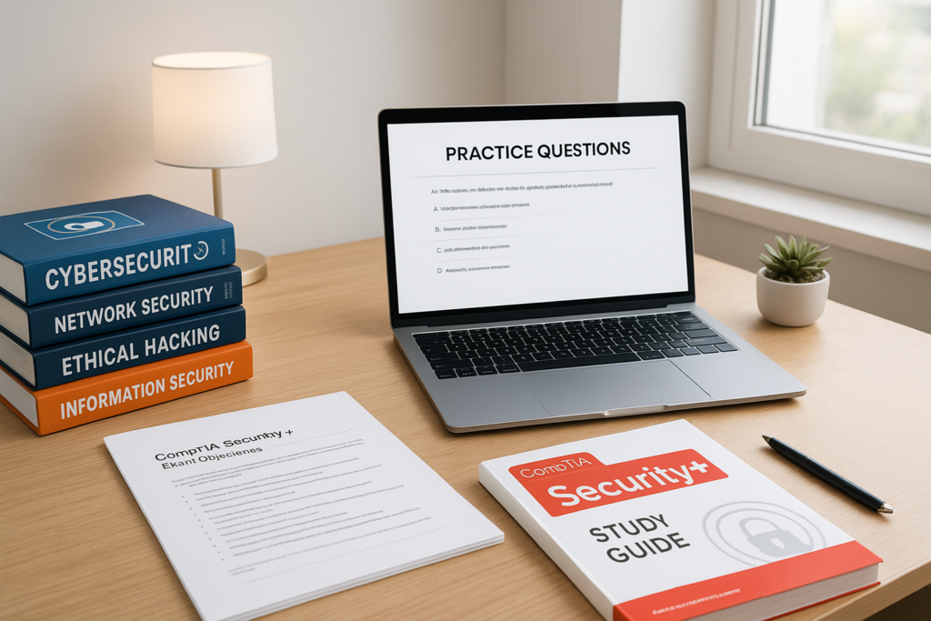 CompTIA Security+ study guide 2026 workspace with exam materials and laptop