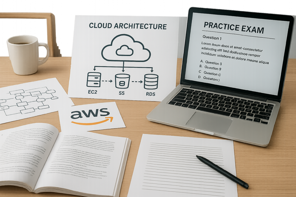 AWS Certified Solutions Architect – Professional study guide workspace with cloud diagrams and practice questions