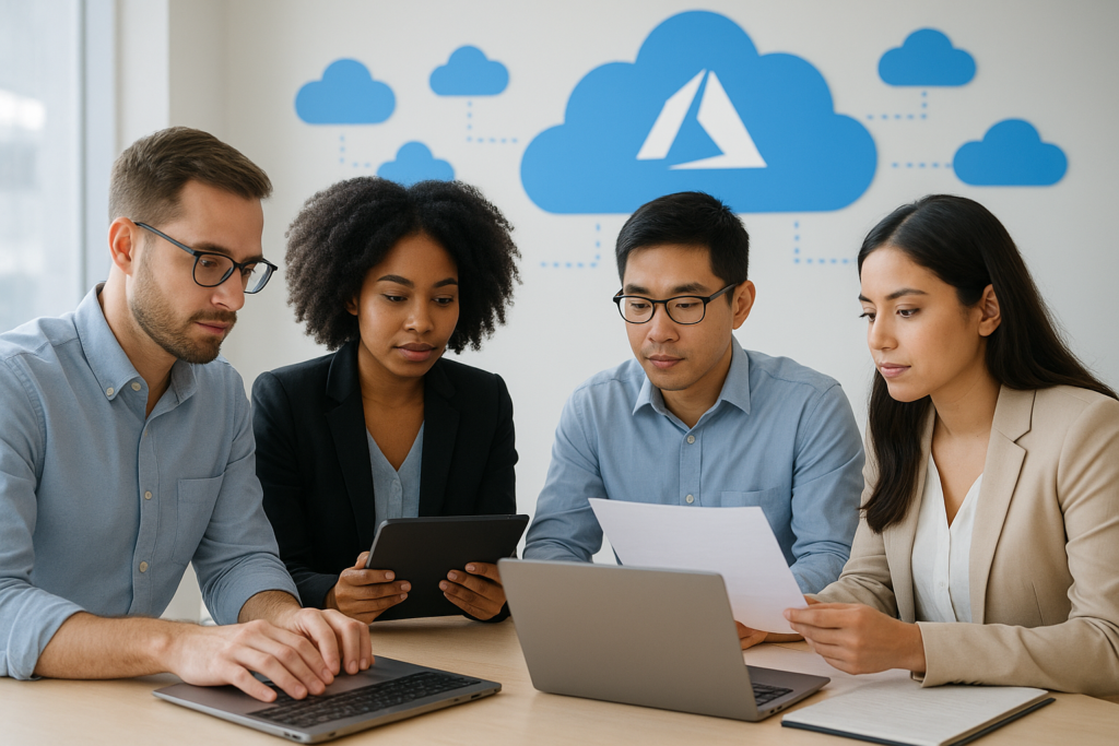 IT professionals preparing for the Microsoft Certified: Azure Administrator Associate exam with cloud and Azure visuals.