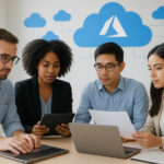 IT professionals preparing for the Microsoft Certified: Azure Administrator Associate exam with cloud and Azure visuals.