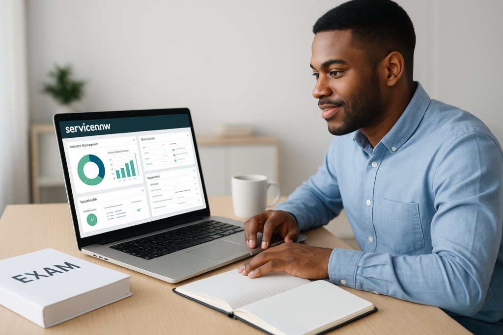 ServiceNow Certified System Administrator (CSA) study session with laptop and exam materials