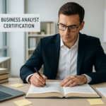 Business analyst preparing for the CBAP® certification exam with study materials and a laptop.