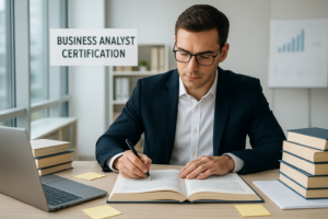 Business analyst preparing for the CBAP® certification exam with study materials and a laptop.