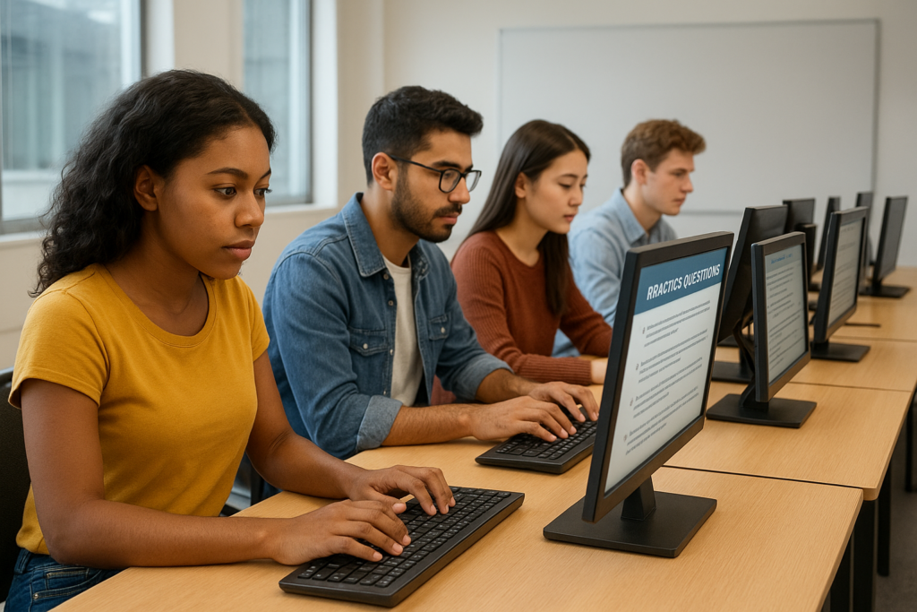 Students preparing for CompTIA IT Fundamentals Certification with digital study guides and practice questions.