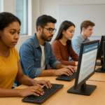 Students preparing for CompTIA IT Fundamentals Certification with digital study guides and practice questions.