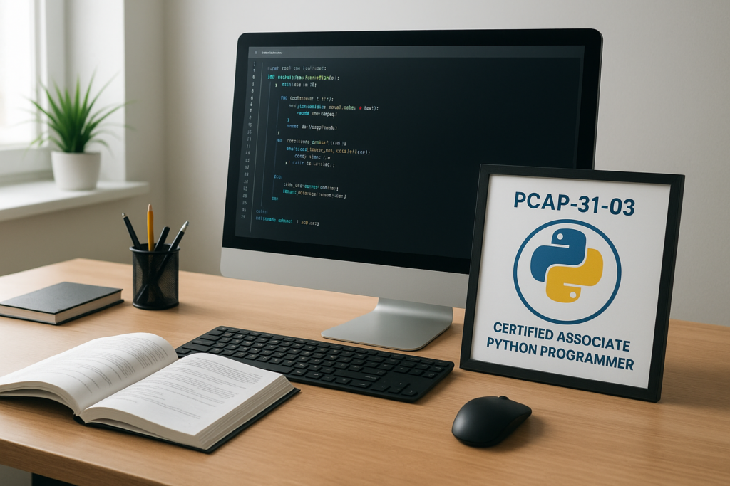 PCAP-31-03 Certified Associate Python Programmer study guide workspace with Python code and certification badge