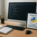 PCAP-31-03 Certified Associate Python Programmer study guide workspace with Python code and certification badge