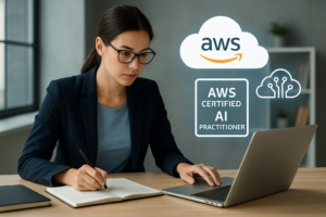 Professional preparing for AWS Certified AI Practitioner exam with study materials and AWS cloud icons.