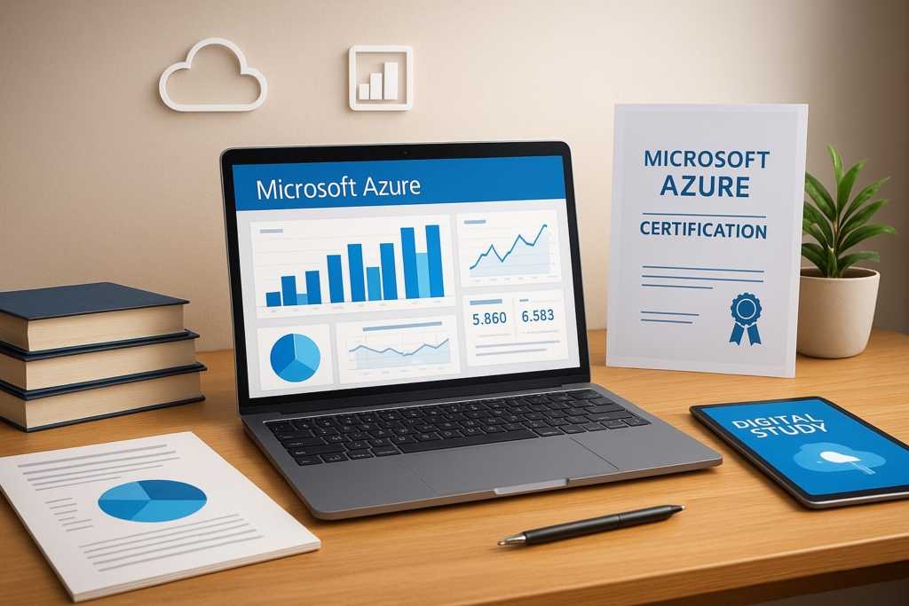 Microsoft Certified Azure Data Fundamentals study materials and laptop with Azure dashboard