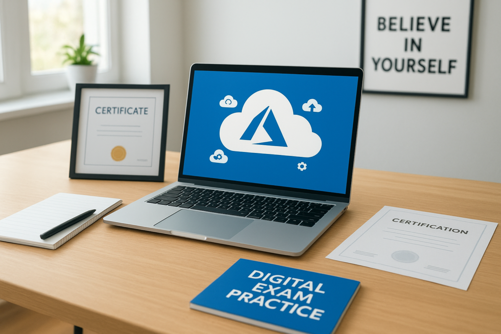 Study desk with Azure cloud certification materials and laptop for Microsoft Certified: Azure Fundamentals exam preparation