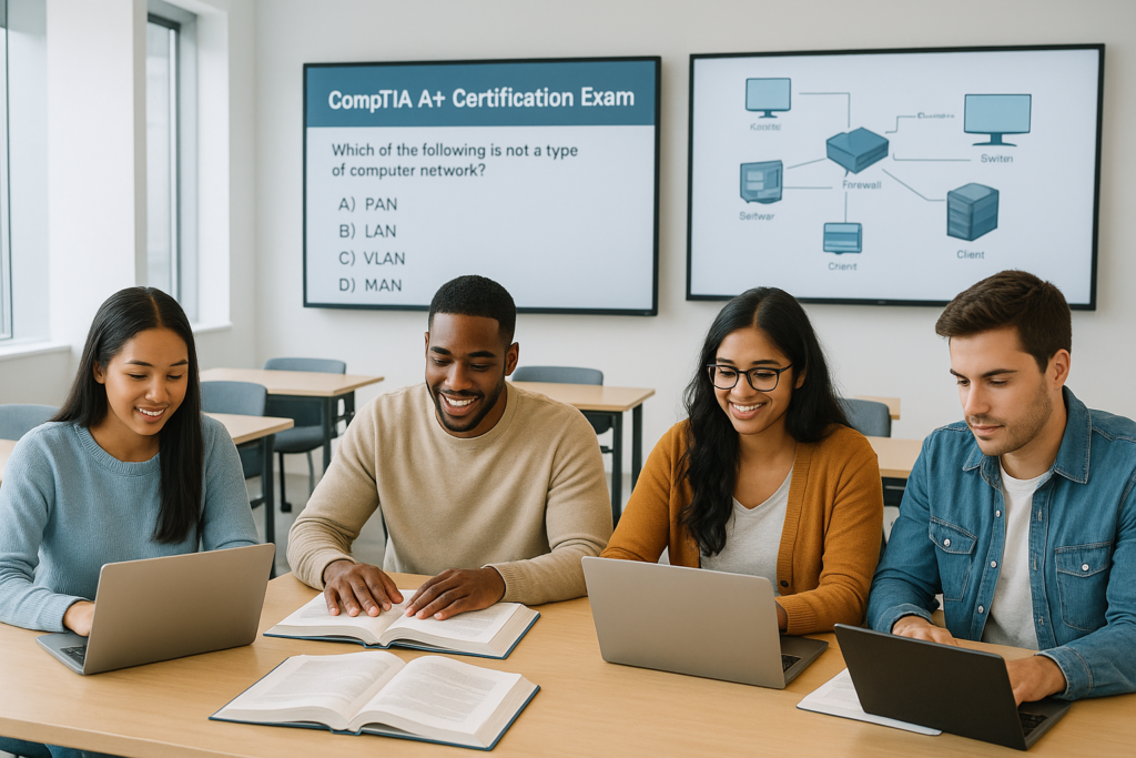 Students preparing for CompTIA A+ certification exam in a modern classroom.