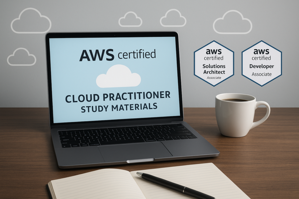 AWS Certified Cloud Practitioner study guide 2026 workspace with laptop, notes, and cloud certification icons.